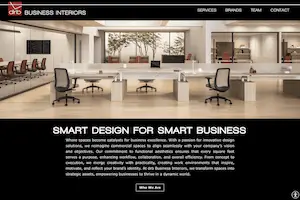 Screenshot of the drb Business Interiors website designed by Amy The Web Geek, showcasing a modern workspace with the tagline 'Smart Design for Smart Business' and a focus on innovative design solutions