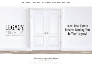 Screenshot of the Legacy Nine Realty website designed by Amy The Web Geek, featuring the tagline 'Local Real Estate Experts Leading You To Your Legacy' and a modern, minimalist layout