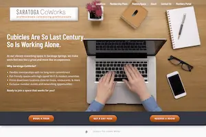 Screenshot of the Saratoga CoWorks website designed by Amy The Web Geek, featuring the tagline 'Cubicles Are So Last Century, So Is Working Alone' and showcasing flexible coworking spaces in Saratoga Springs