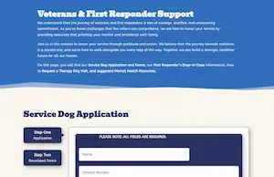 Veterans and First Responders Support page from Operation At Ease, featuring a Service Dog Application form and resources for mental health, therapy dog visits, and drop-in class information